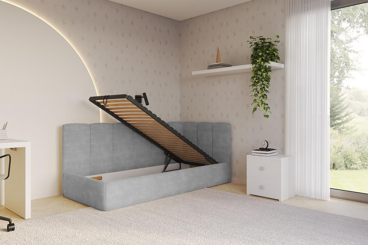 EINZELLBETT Jugendbett mit Bettkasten, Links - DEXY 90x200 Grau - Hellgrau, Holzwerkstoff/Textil (90/200cm) - ALTDECOR
