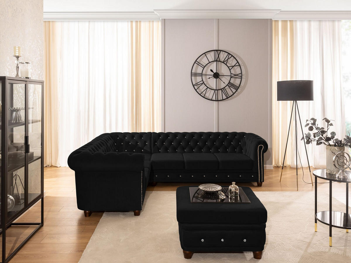 HOCKER Chesterfield Cleo Blink Schwarz Samt mit Kristallsteppung und braunen Massivholzfüßen - Schwarz/Braun, Holz/Textil (75/45/70cm) - S-Style Möbel