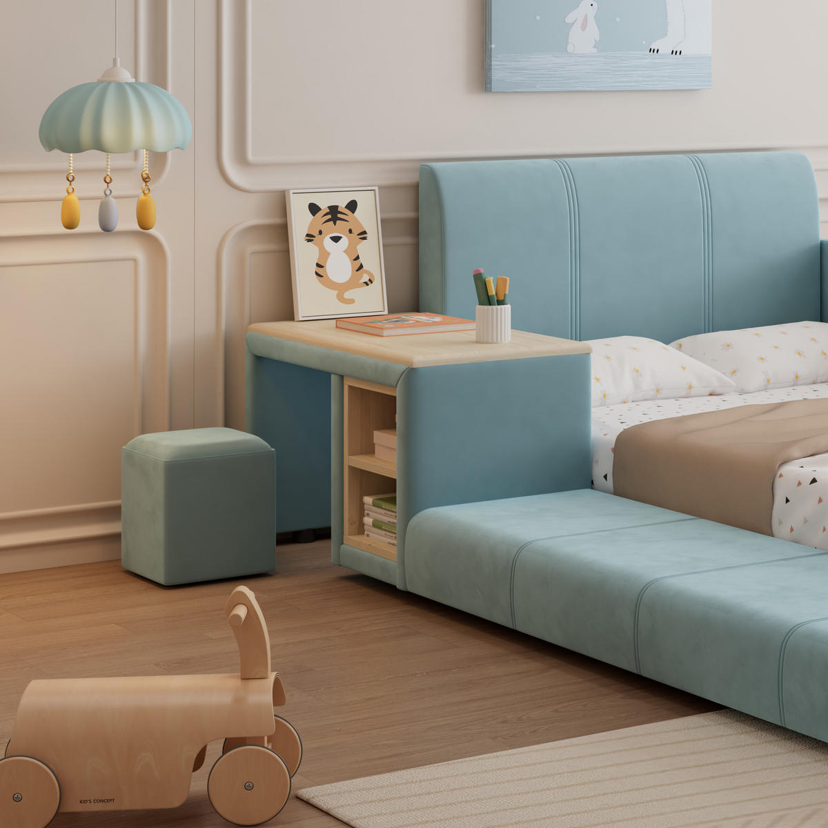 KINDERBETT 90/200 cm in Blau & Natur Samt mit Schreibtisch, Hocker und Ablageboden - Blau, Holzwerkstoff/Textil (90/200cm) - WISHDOR