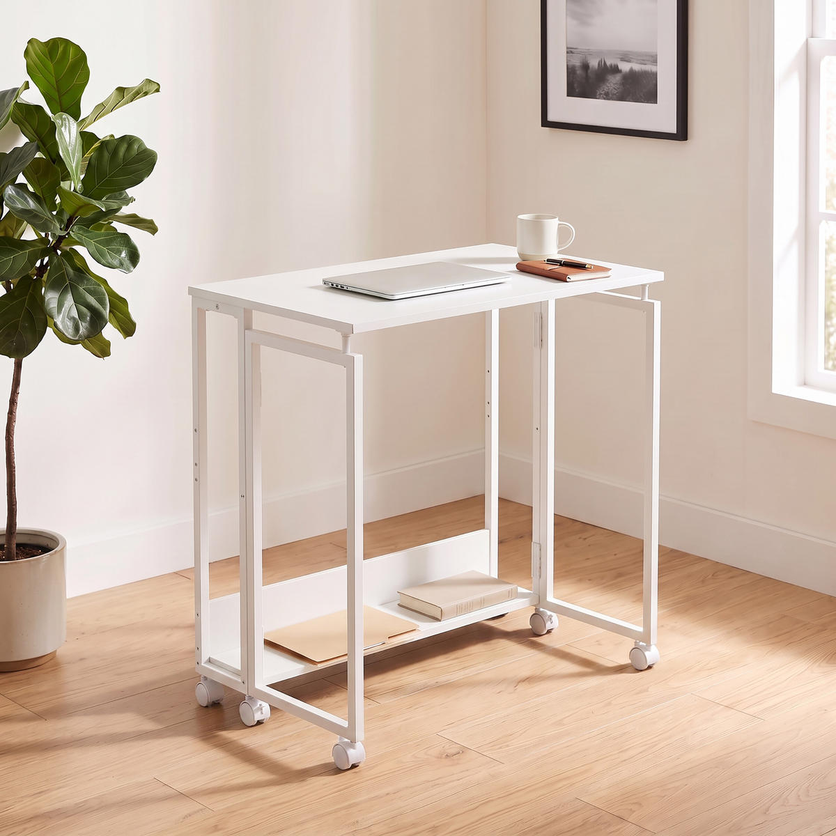 BIROU Alb pliabil cu roți 80x50 cm - alb, material plastic/compozit lemnos (50/80/75cm) - Relaxdays