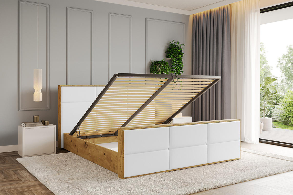 POLSTERBETT mit Bettkasten, Fußteil und Lattenrost, Boxbett mit Matratze H3/H4 - ENZO1-Z 120x200 Weiß Kunstleder - Weiß Hochglanz, Holzwerkstoff/Textil (120/200cm) - ALTDECOR