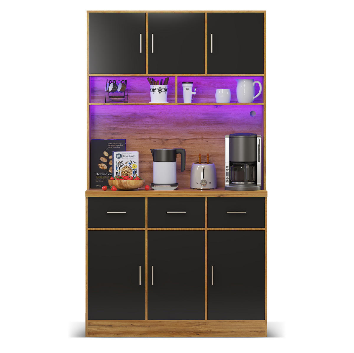 KUHINJSKI ormarić od MDF-a 100x40x180 cm prirodna i crna s LED rasvjetom, utičnicom, USB priključcima i ladicama - prirodne boje, drvni materijal (100/180/40cm) - Modfu