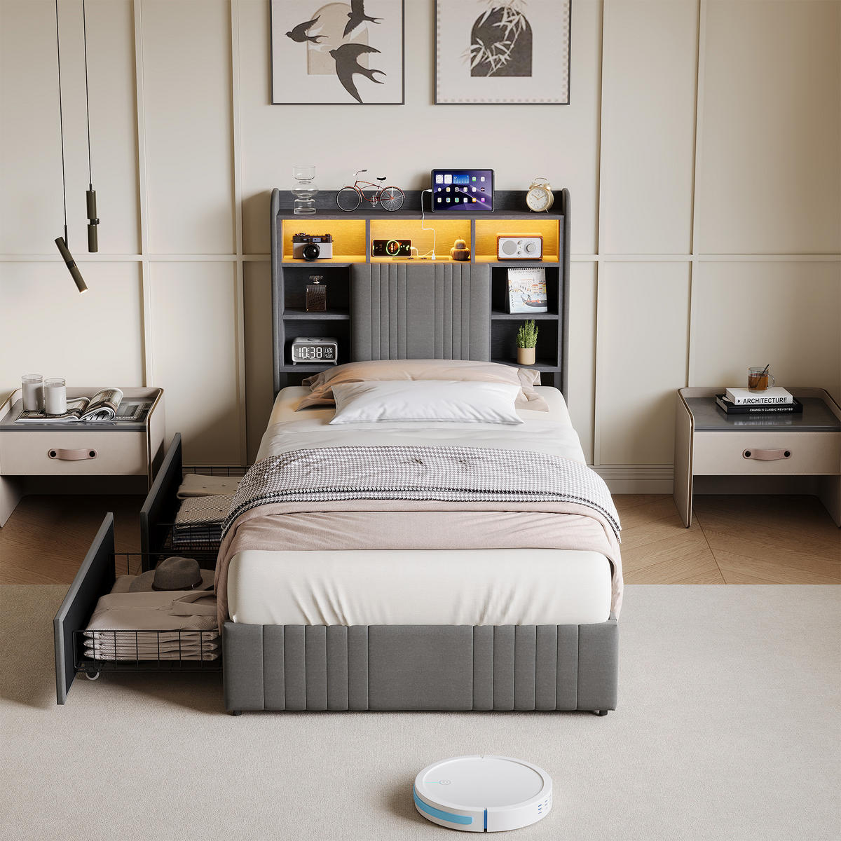 POLSTERBETT 90x200 cm LED USB 2 Schubladen Stauraum Kopfteil Leinen grau - Grau, Holz (90/200cm) - LEBENLANG