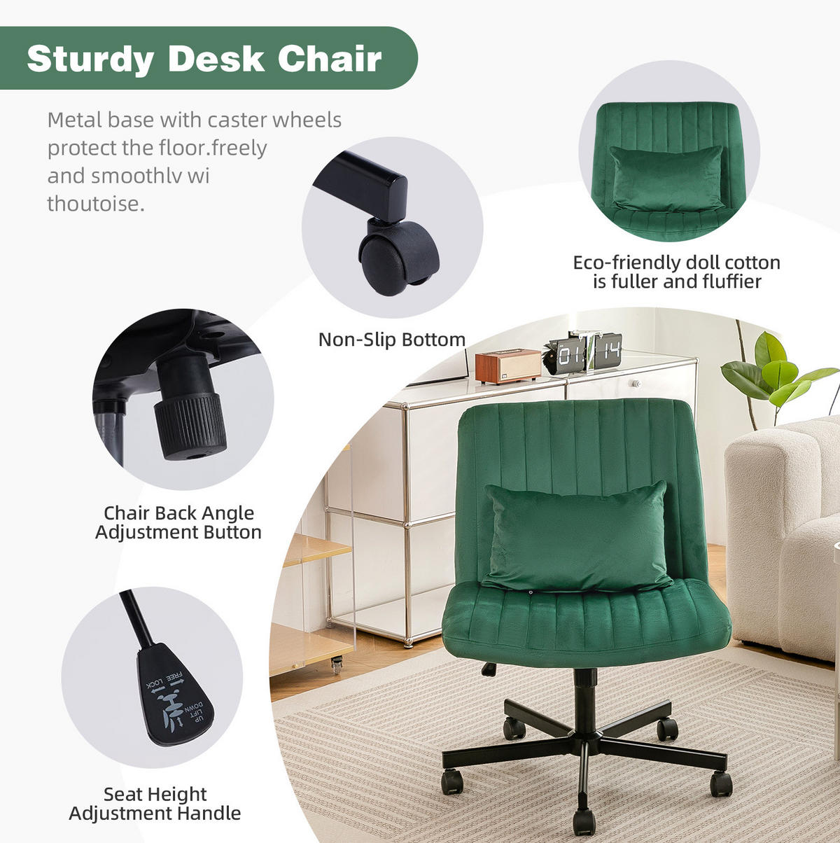 BÜROSTUHL höhenverstellbar Stoff Green mit Rollen - Grün, Kunststoff (25.2/33/21.5cm) - Meubliv