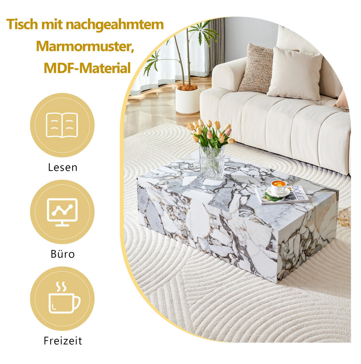 KLUBSKA miza iz MDF, 90/50/30 cm bel marmorni videz, brez montaže - bela, leseni material (90/50/30cm) - BEAOK