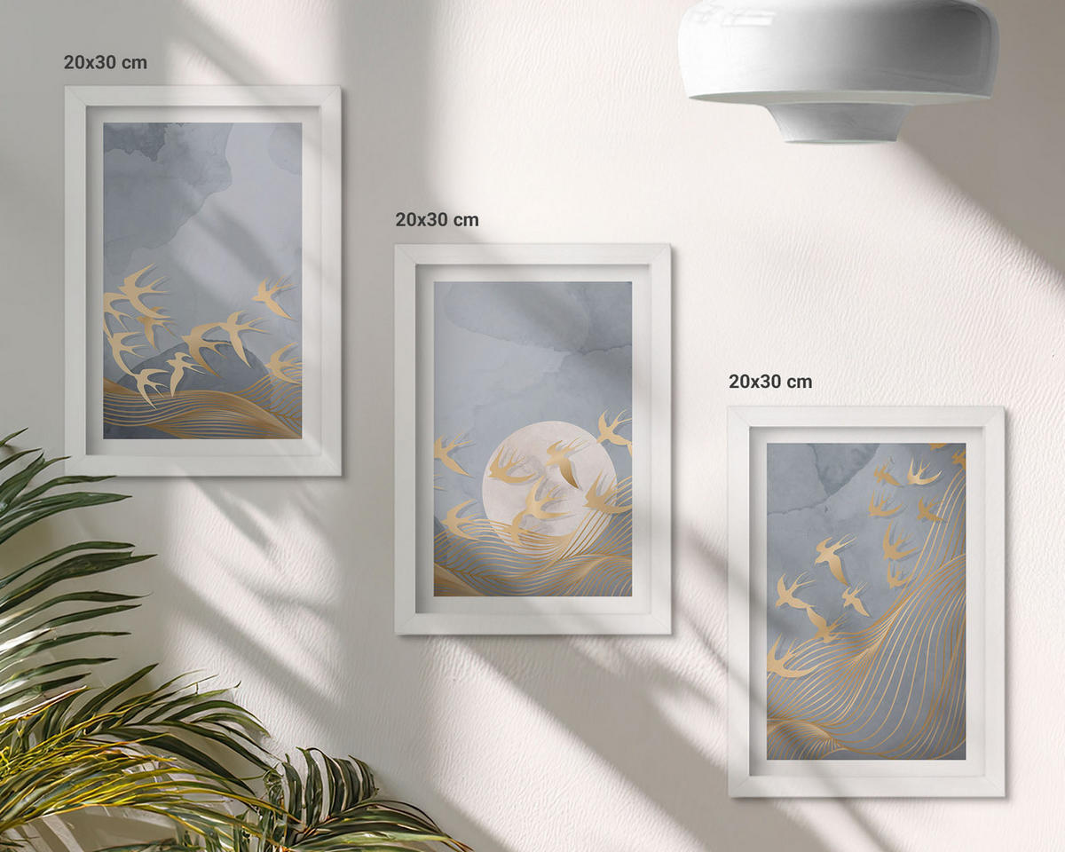 BILDER SET 3er Set - 20x30 cm Weißer Rahmen - Vögel, die am Himmel fliegen - Weiß, Kunststoff (20/30cm) - TULUP