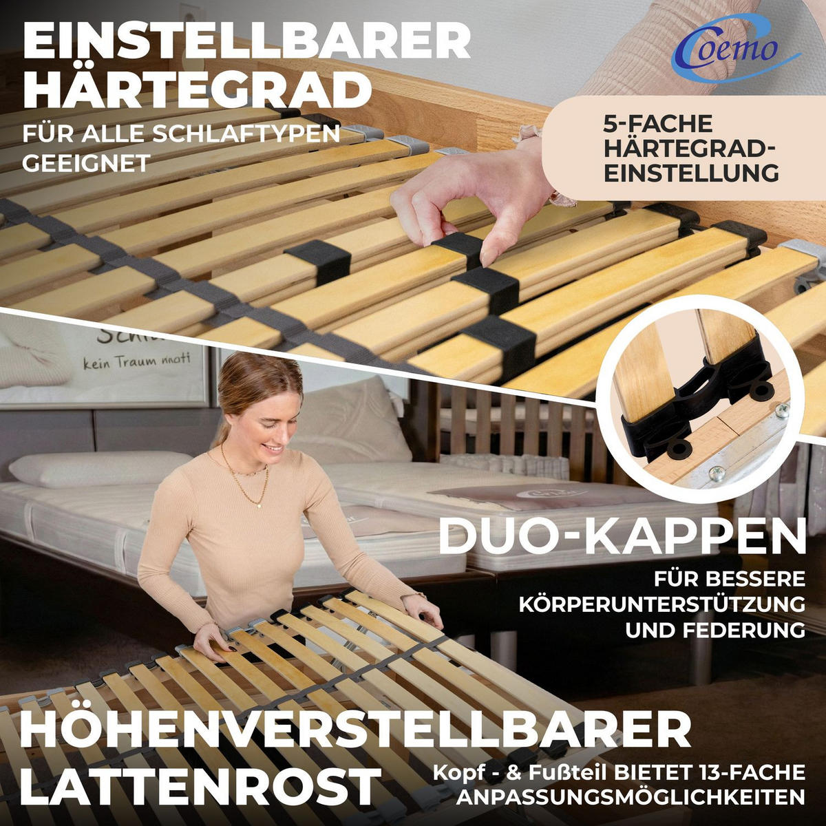 LATTENROST ERGO KF 80x200 cm mit Kopf- & Fußteilverstellung - Naturfarben, Holz (80/200cm) - Coemo