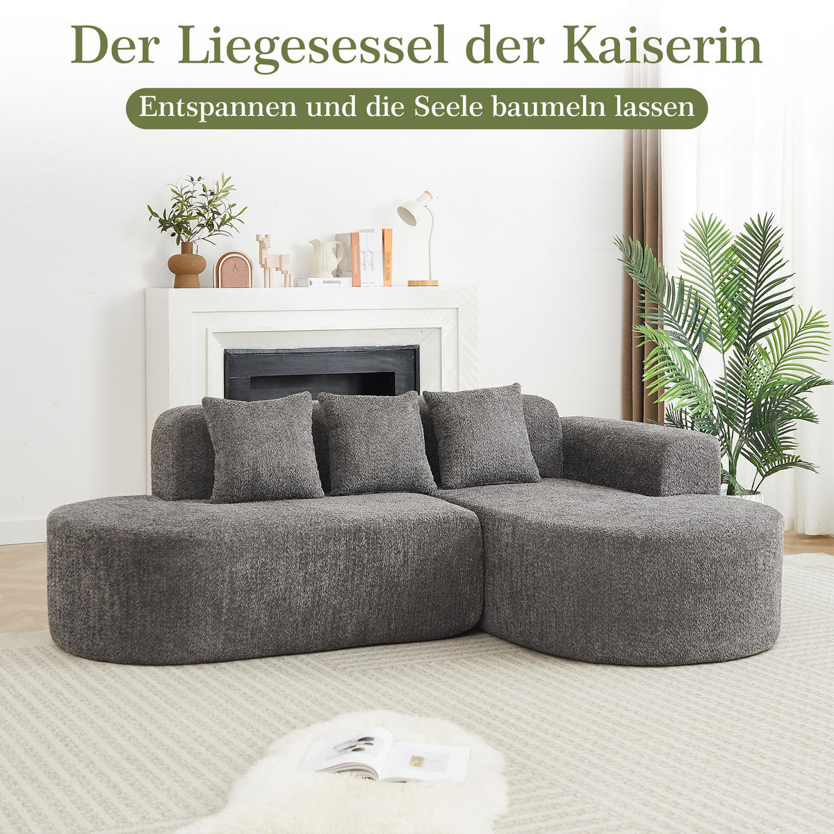 ECKSOFA 222/157/73 cm Grau Chenille mit 3 Kissen (Rechte Seite) - Anthrazit, Textil (157/222cm) - Oxeza