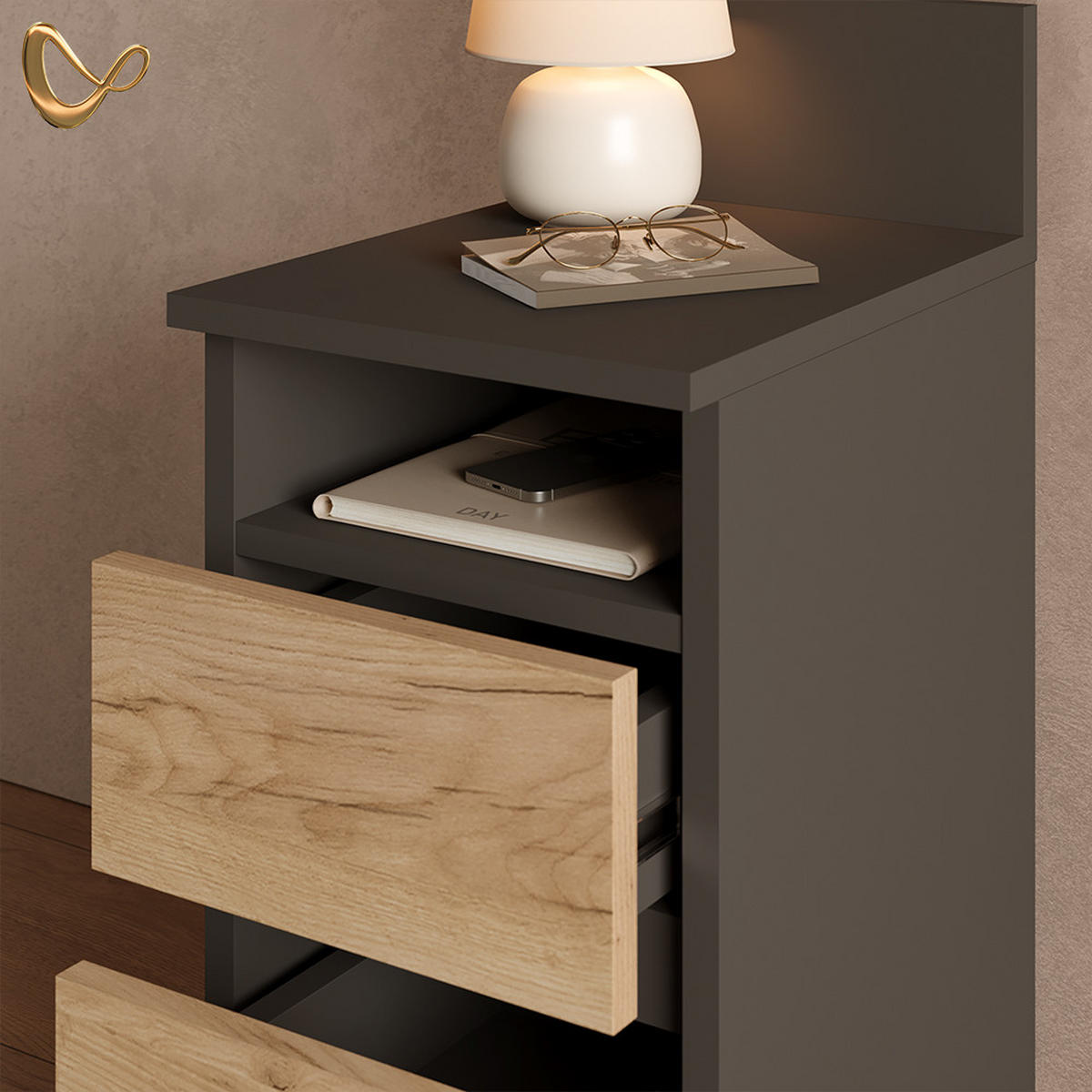 NACHTTISCH Roya, Anthrazit/Goldkraft Eiche, 2er Set - Honigeiche/Anthrazit, Holzwerkstoff (25/59.1/32.3cm) - Livinity®