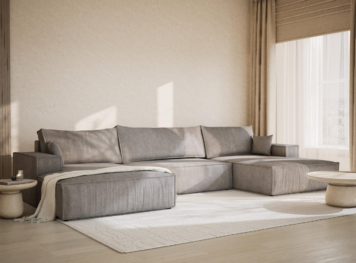 WOHNLANDSCHAFT Kyoto Grau Beige Webstoff - Schwarz/Grau, Holz/Holzwerkstoff (398/70/148cm) - Maison de Reve