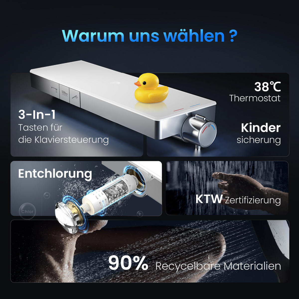 ÜBERKOPFBRAUSESET mit Thermostat Drei Wasserauslassmethoden Chrom - Chromfarben, Metall (13.5/106/44.6cm) - EMKE