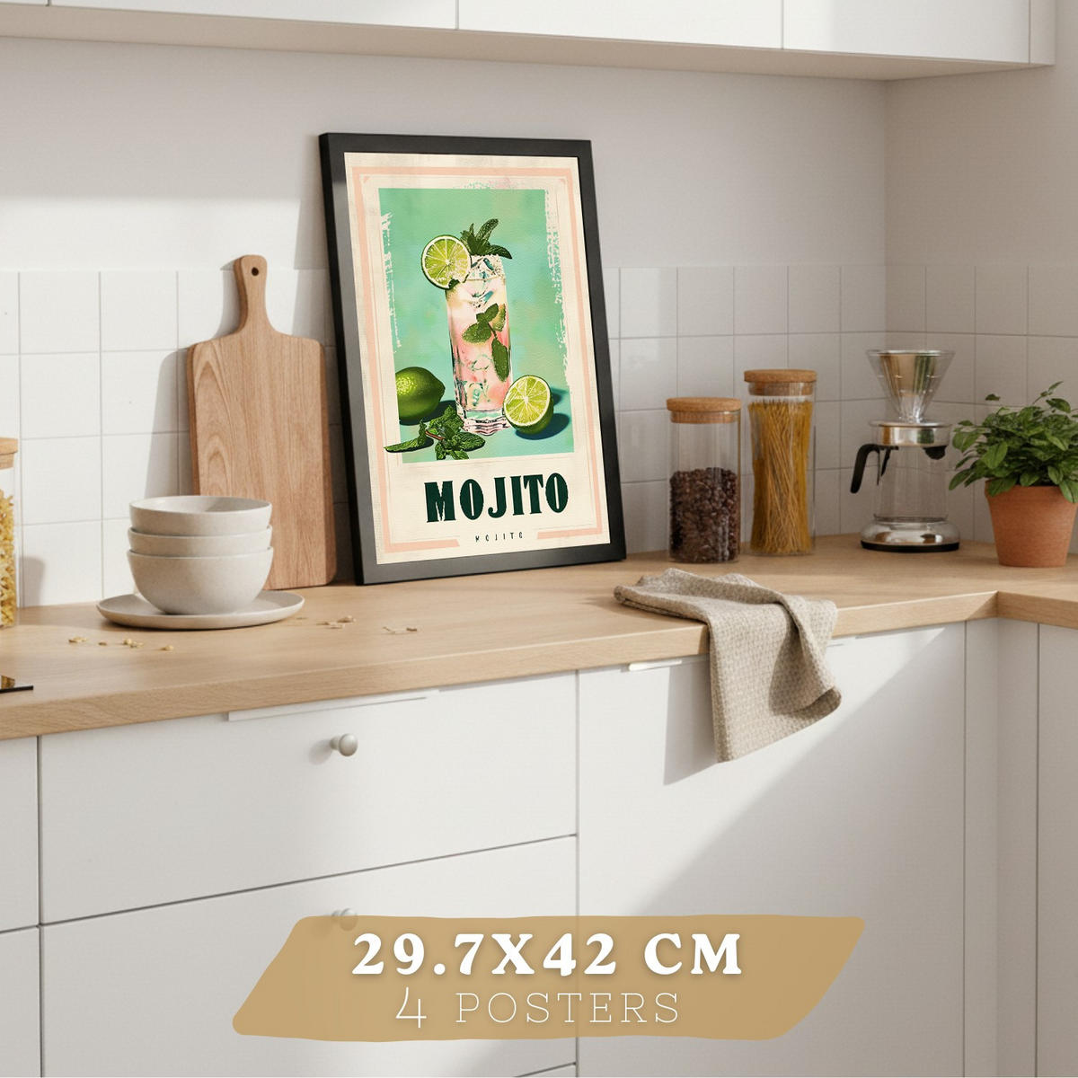 PLAKAT Sada 4 Koktejlový nápoj A4 Černý rám - černá, papír (29.7/1/21cm) - Nacnic