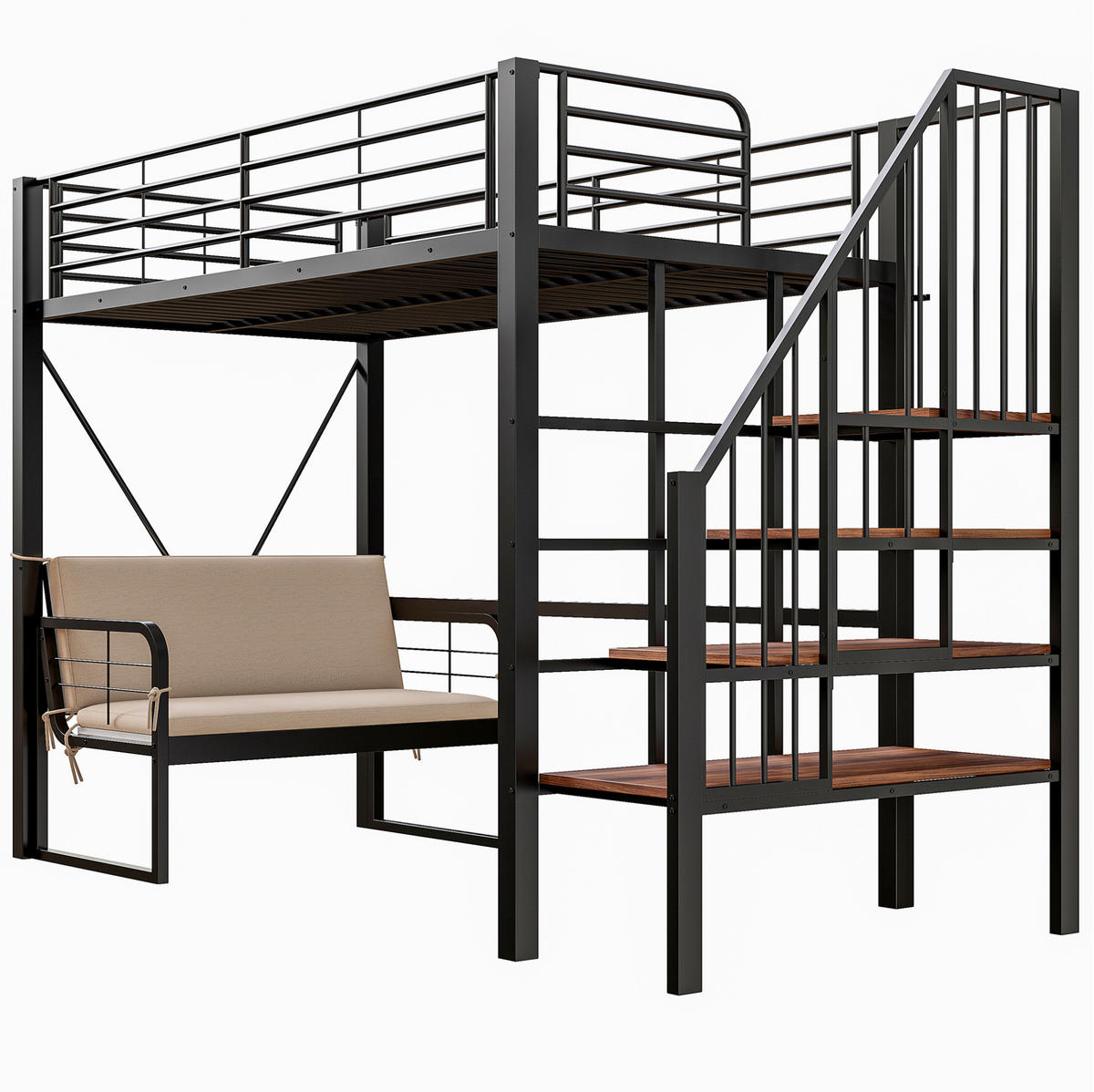 PATROVÁ postel 90/200 cm černá z kovu a MDF s úložnými schody a odnímatelnou pohovkou - černá, kompozitní dřevo (90/200cm) - OKWISH