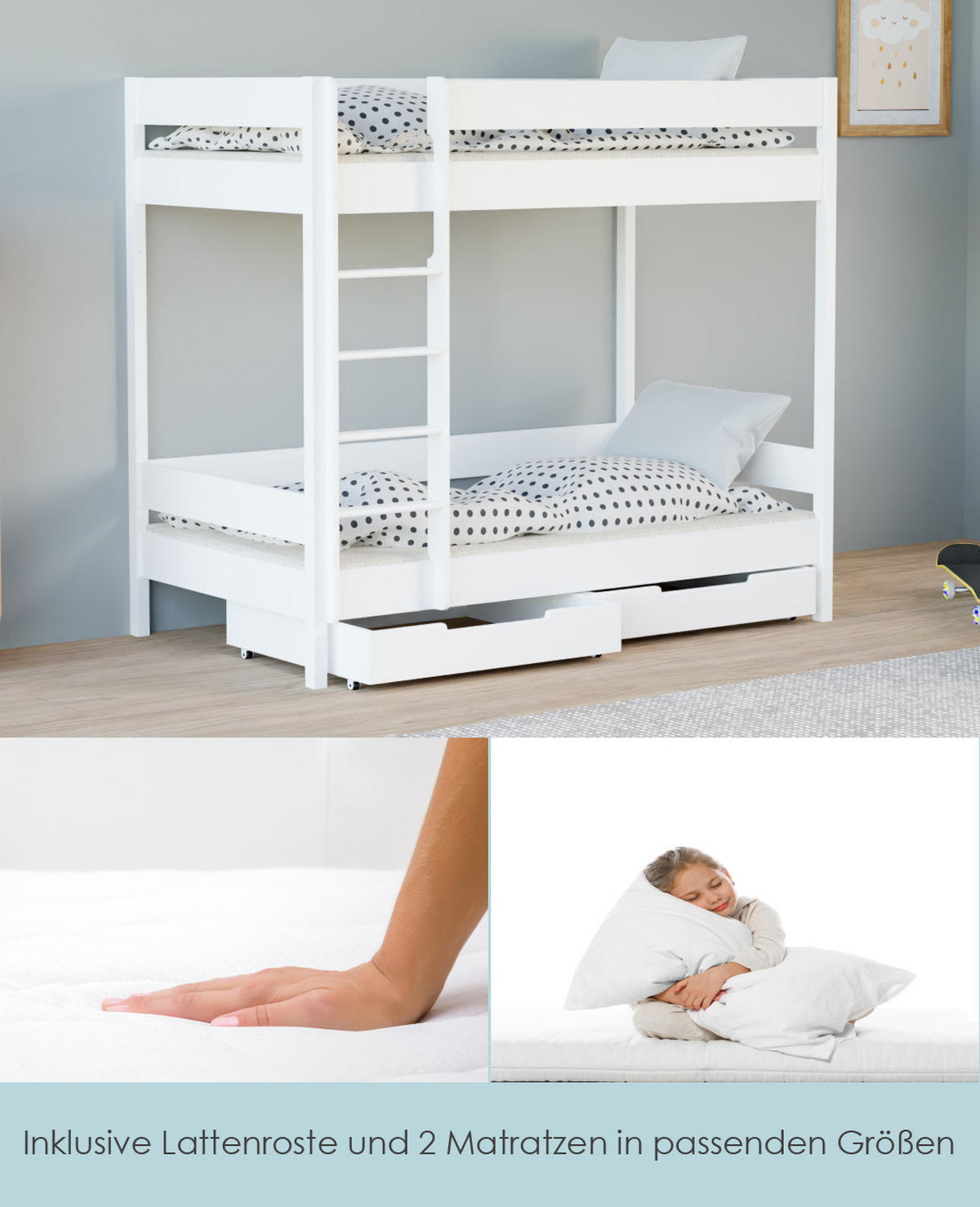 ETAGENBETT Diego 160x80 weiß mit Schubladen und Matratzen - Weiß, Holzwerkstoff (80/160cm) - LUKDOM