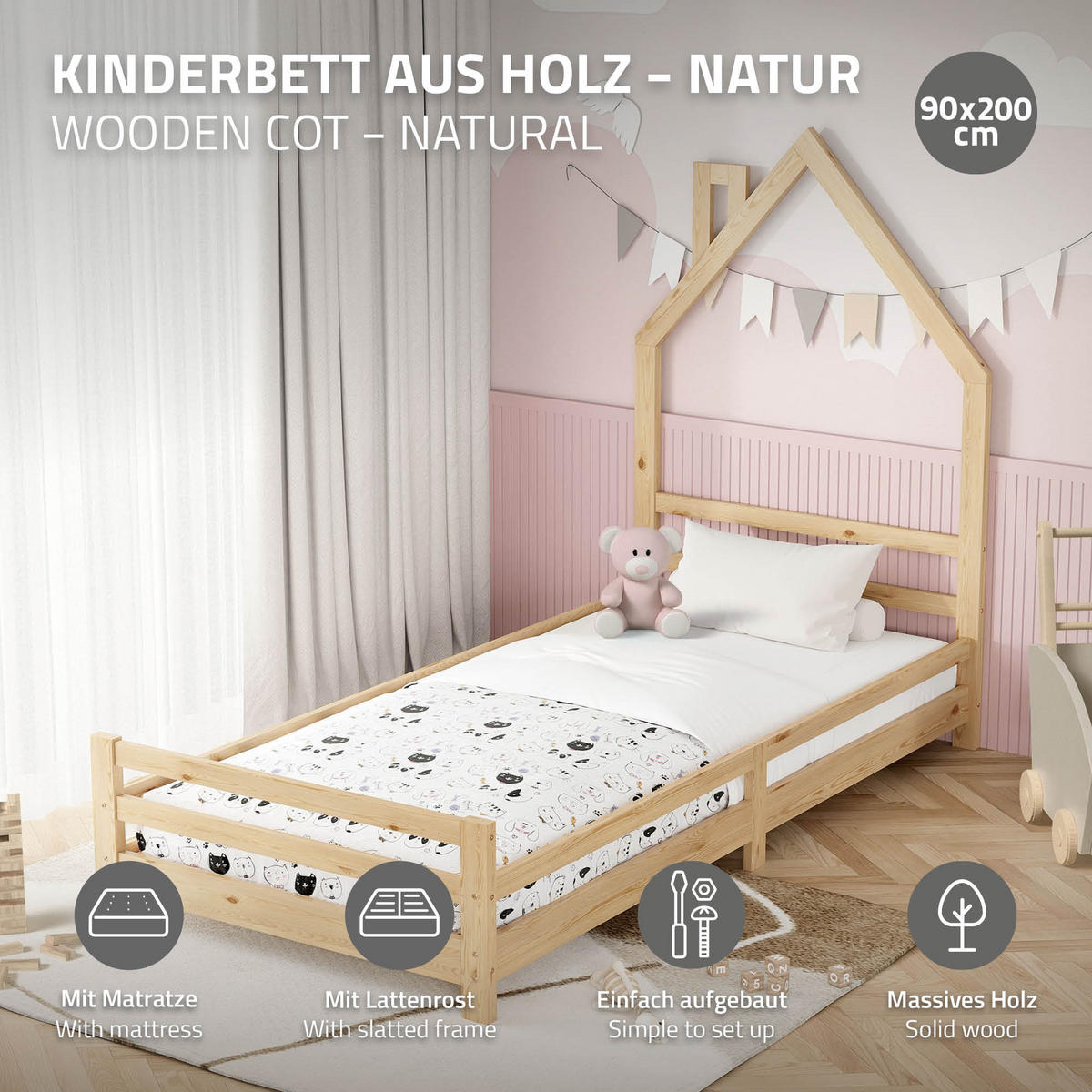 KINDERBETT Haus 90x200 cm mit Matratze Natur Kiefernholz - Naturfarben, Holz (90/200cm) - ML-DESIGN