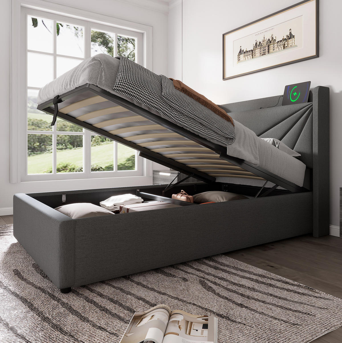 BETT mit Bettkasten und USB/Typ-C 90x200 cm Grau - Grau, Metall (90/200cm) - Meubliv
