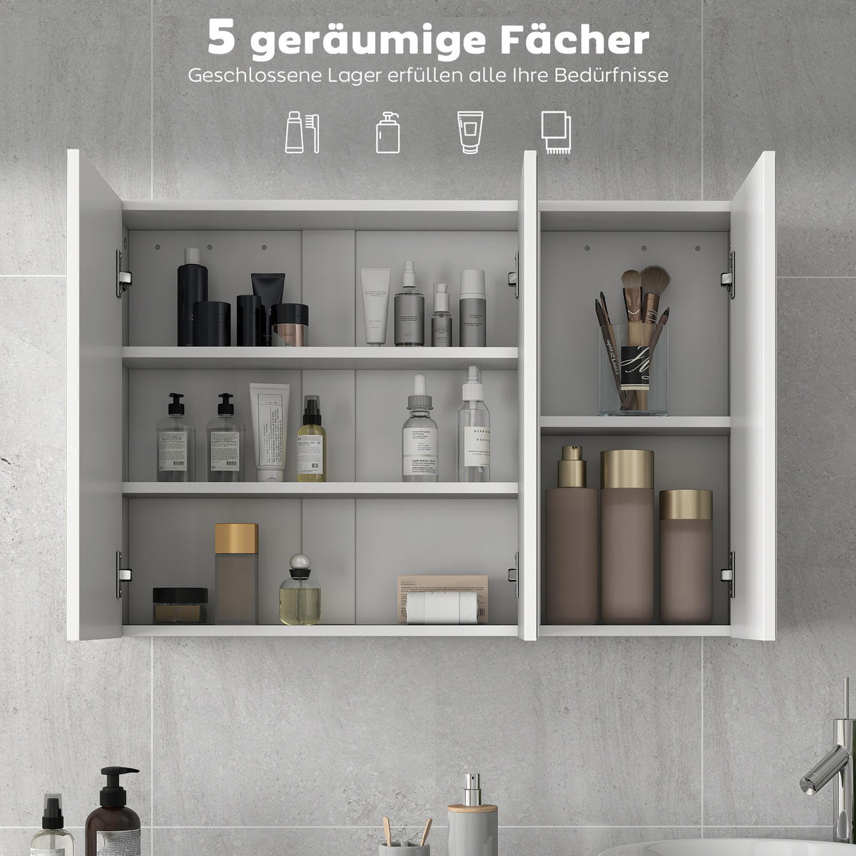 SPIEGELSCHRANK Bad mit 3 Spielgeltüren, Badezimmerschrank mit 5 Regale - Weiß, Holzwerkstoff (15.5/60/90cm) - HOMCOM