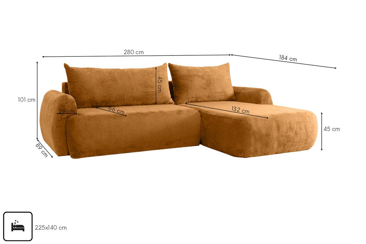 ECKSOFA Mit Schlaffunktion Und Bettkasten, Chenille-Stoff Perfecto, Honigfarbe, Rechts, HELA II - Honig, Holz (280/184cm) - Kaiser Möbel