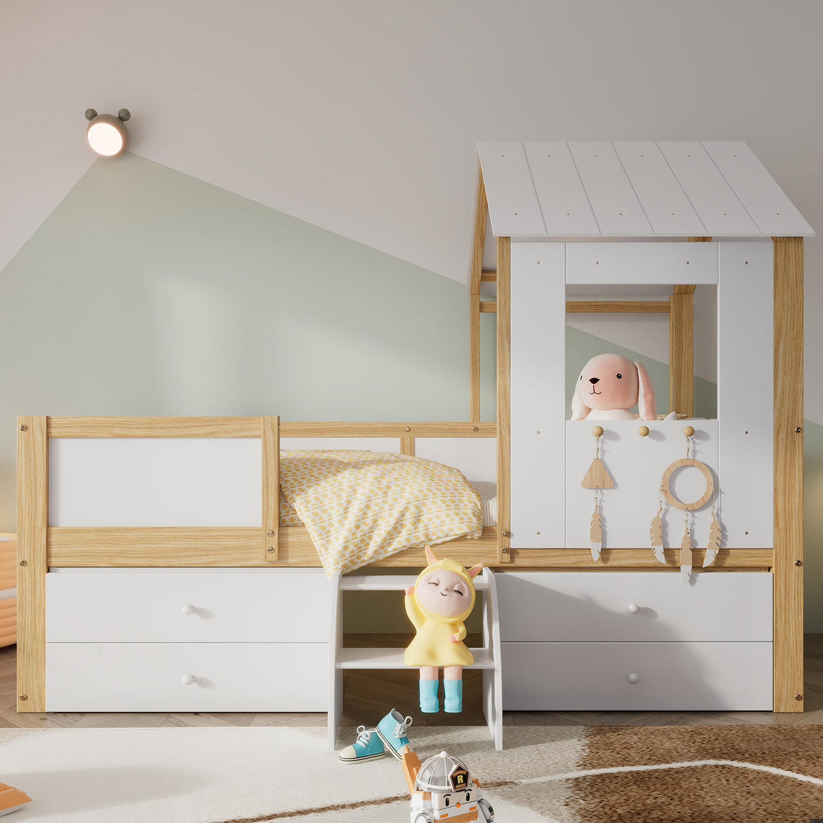 KINDERBETT 90/200 cm in Weiß & Natur mit 4 Schubladen und Treppe - Weiß/Naturfarben, Holz/Holzwerkstoff (90/200cm) - CHICFURN