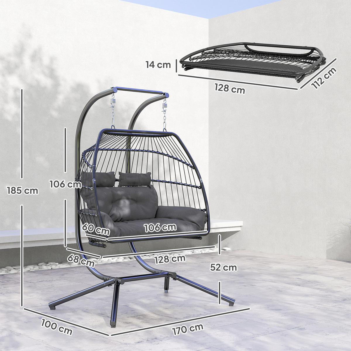 HÄNGESESSEL DE-06726 faltbar, bis 260 kg, mit Kissen Dunkelgrau - Dunkelgrau, Kunststoff/Metall (100/185/170cm) - ComfortXL