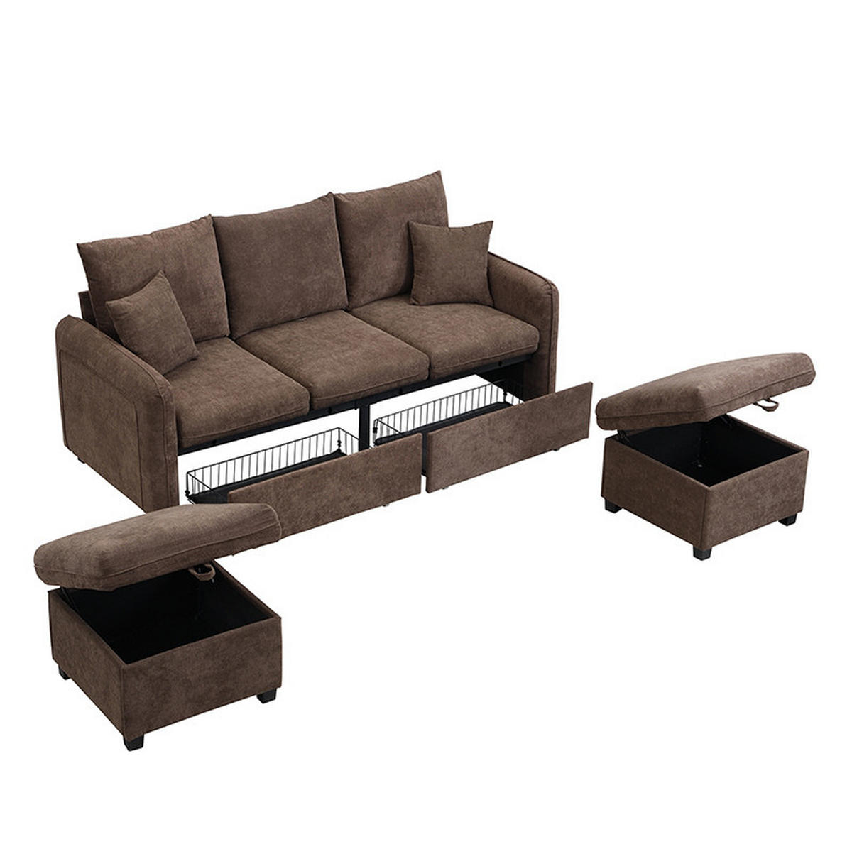 ECKSOFA-SET Chenille mit Stauraum und Schlaffunktion 3-Sitzer und 2 Hocker 188/186/86 cm Dunkelbraun - Dunkelbraun, Kunststoff/Textil (186/188cm) - Redom