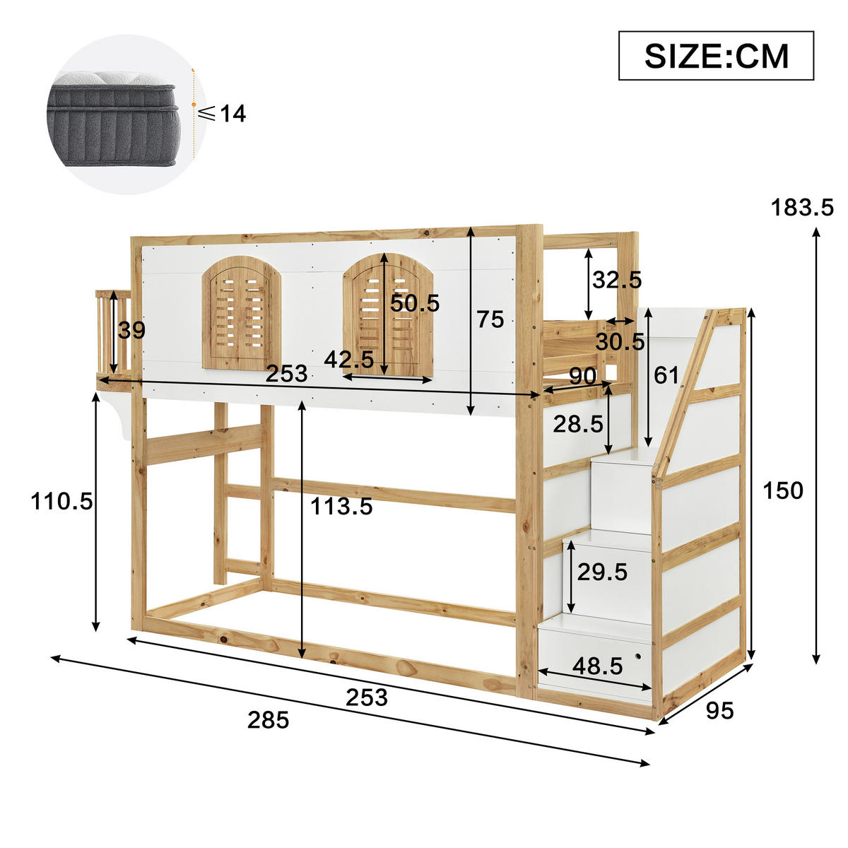 HOCHBETT 90/200 cm in Weiß & Natur mit Treppenschrank und Fensterdesign - Weiß/Naturfarben, Holz/Holzwerkstoff (90/200cm) - WISHDOR