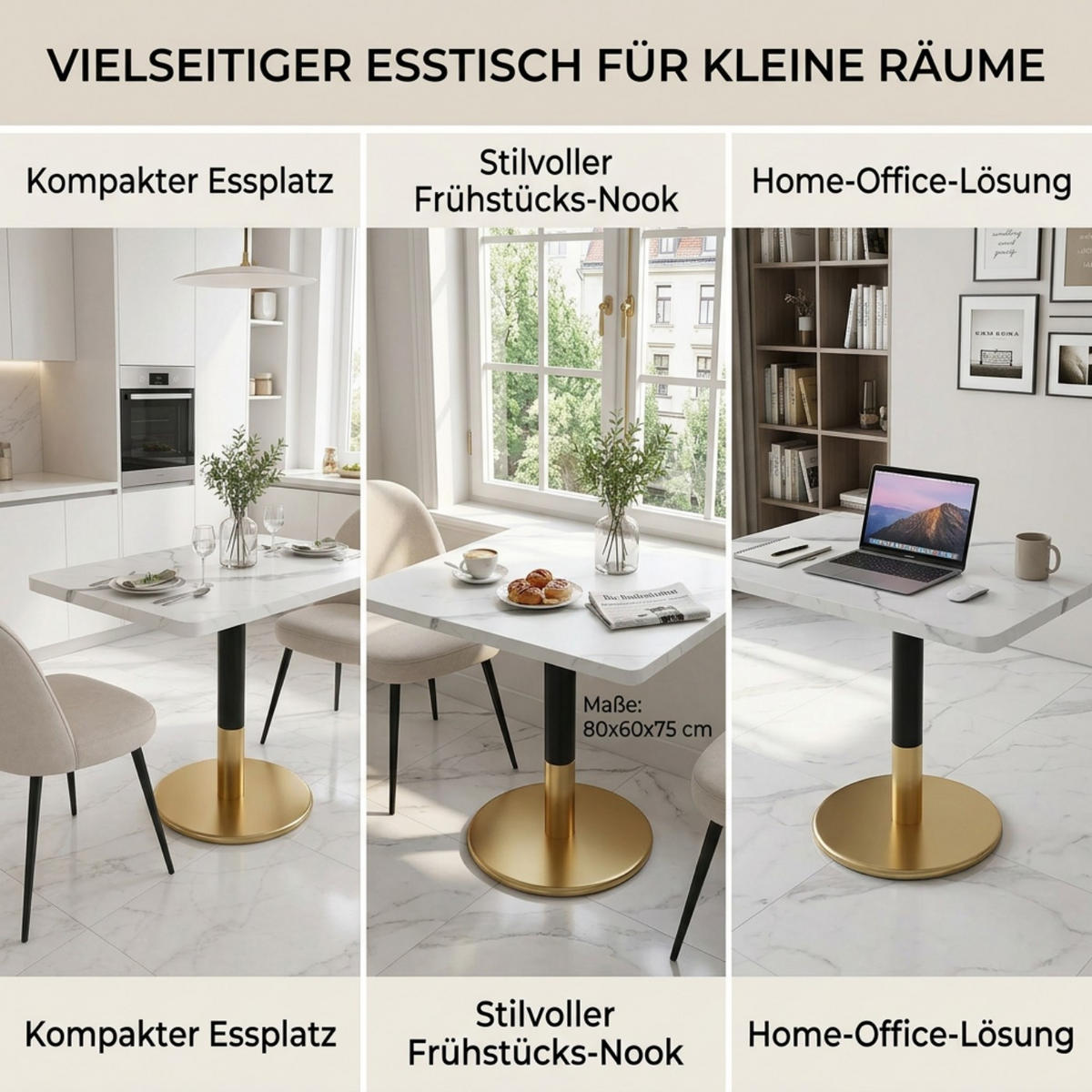 ESSTISCH in Weißer Marmor runder Küchentisch für 3-4 Personen, B80/T60/H75 cm - Goldfarben/Weiß, Holzwerkstoff/Metall (80/60/75cm) - STILVORA