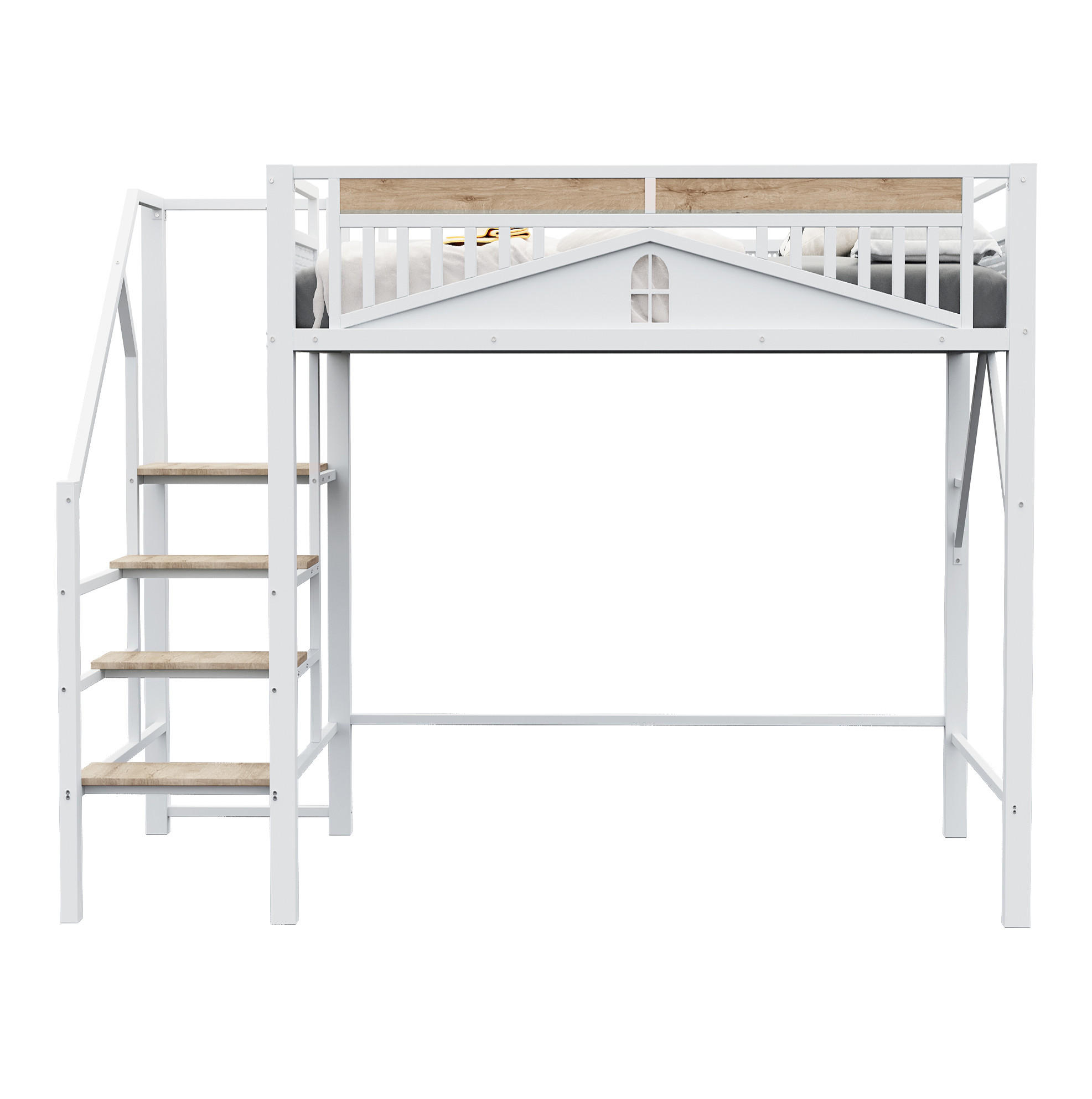 HOCHBETT 140/200 cm aus Metall und Holz mit Sicherheitsleiter und Fensterdesign Weiß - Weiß, Metall (140/200cm) - Modenvie