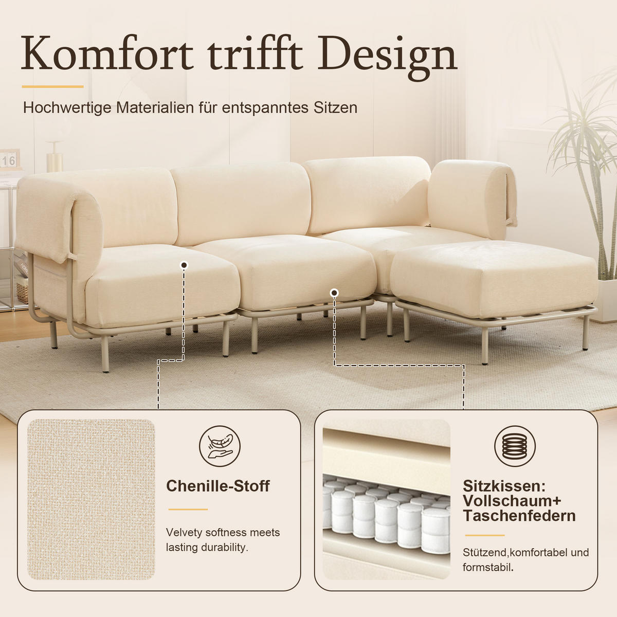 ECKSOFA 251/155/78 cm Beige Chenille mit 1 Fußhocker - Beige/Schwarz, Textil (155/251cm) - Oxeza