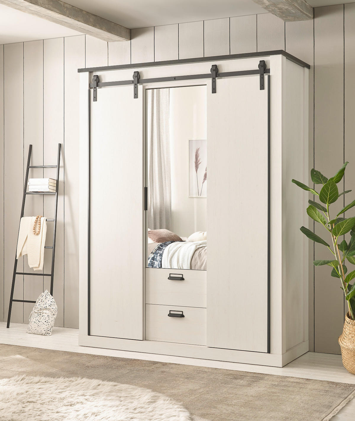 KLEIDERSCHRANK weiß Pinie, anthrazit Landhaus, Schiebetürenschrank 3-türig mit Spiegel 163 x 209 - Anthrazit/Weiß, Holzwerkstoff/Metall (162/209/63cm) - Furn.Design