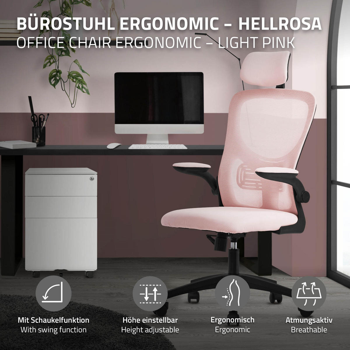 SCHREIBTISCHSTUHL Ergonomic rosa - Pink, Kunststoff (60.5/121/60cm) - ML-DESIGN