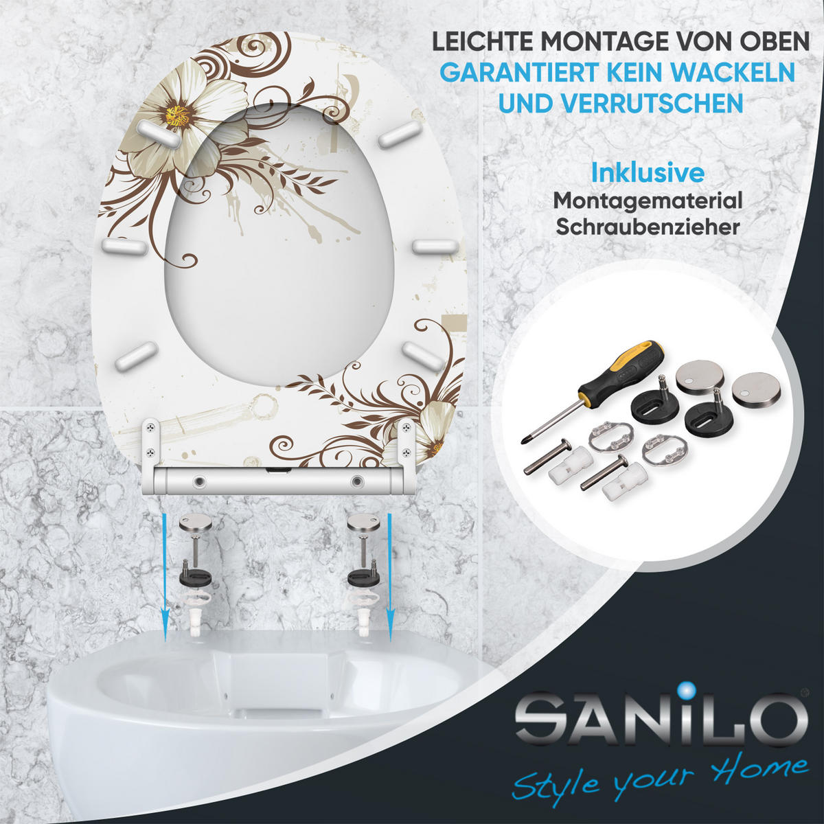 WC-SITZ mit Absenkautomatik & Top Fix Flower - Braun, Holzwerkstoff (37.7/5.5/48cm) - Sanilo