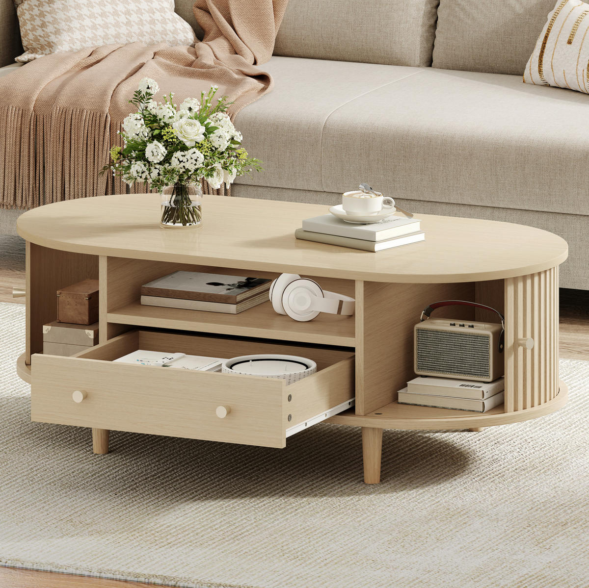 COUCHTISCH aus MDF 100x50x36 cm Eiche mit Schublade, Rolltüren und Ablage - Eichefarben, Holzwerkstoff (100/50/36cm) - IVMEU