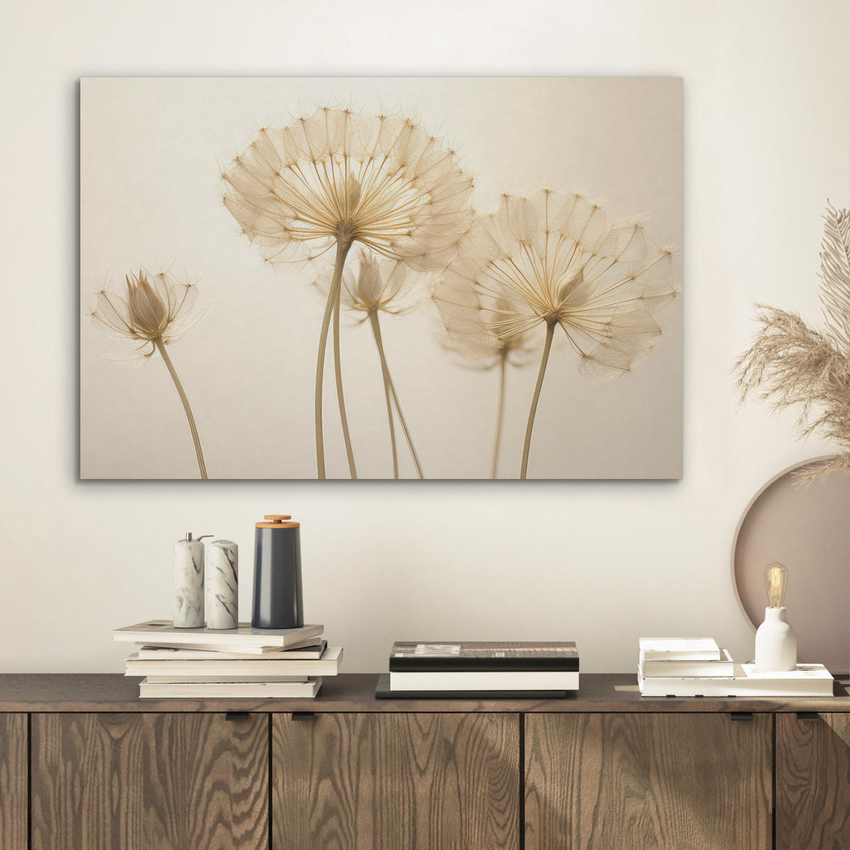 AKUSTIKBILD Sonnenlicht - Löwenzahn - Botanisch - Blumen Wanddeko 70x50 cm - Creme, Kunststoff (70/50/0.9cm) - MuchoWow