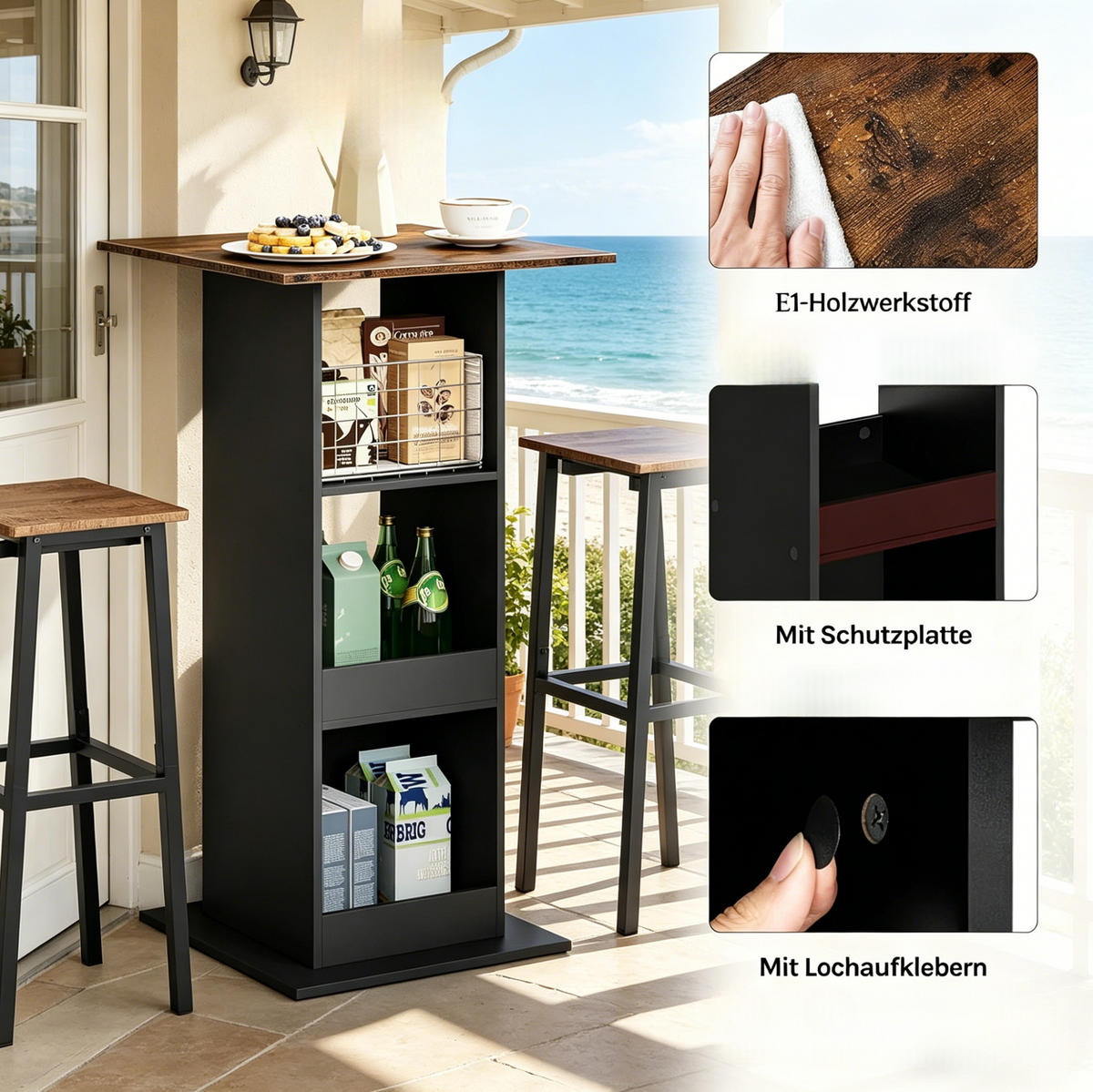 BARTISCH 60/60/109 cm in Schwarz und Rustikalbraun mit 3 Fächern - Schwarz, Holzwerkstoff (60/60/109cm) - BEAOK