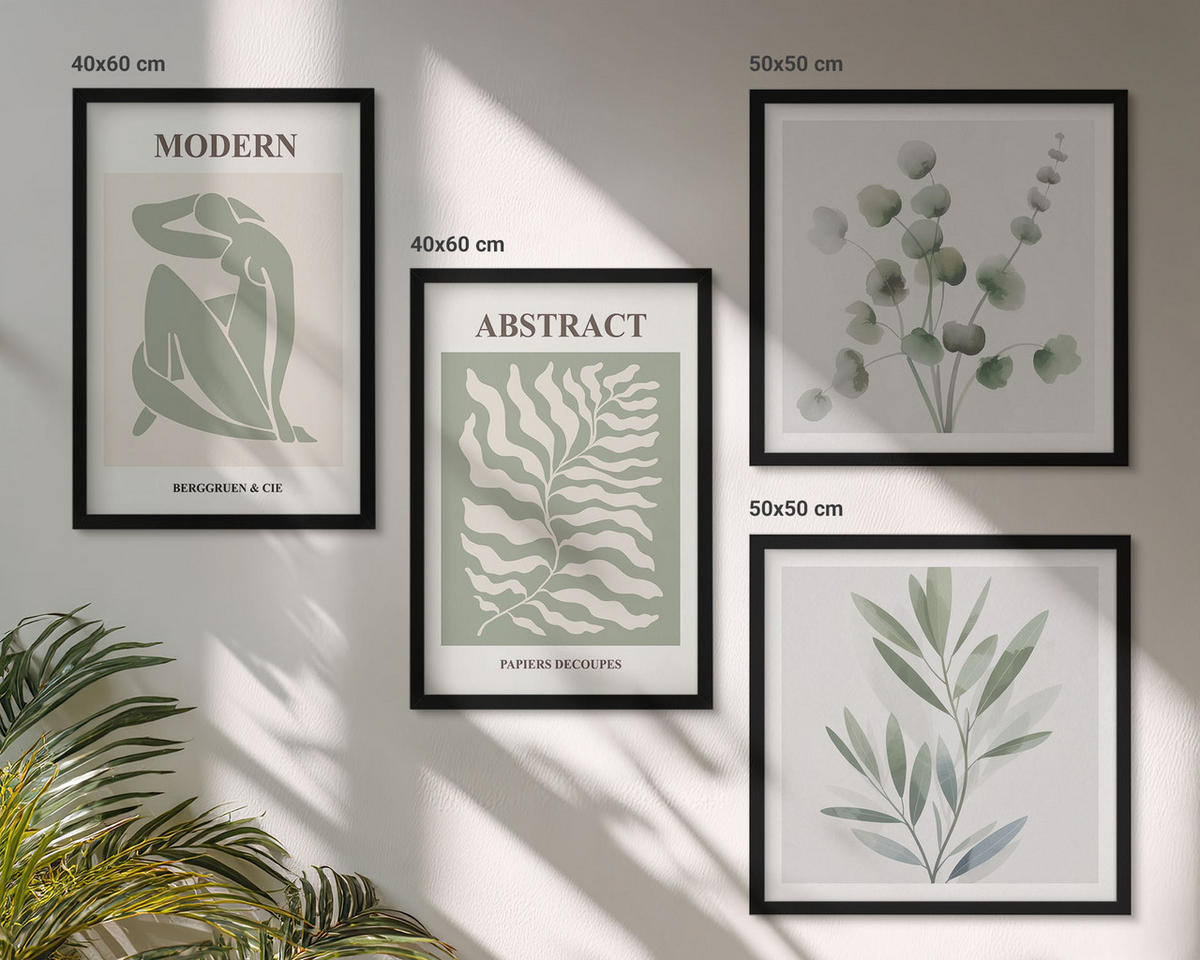 BILDER SET 4er Set - 50x50 cm & 40x60 cm Schwarzer Rahmen - Matisse entwirft Boho-Pflanzen - Schwarz, Kunststoff (50/50cm) - TULUP