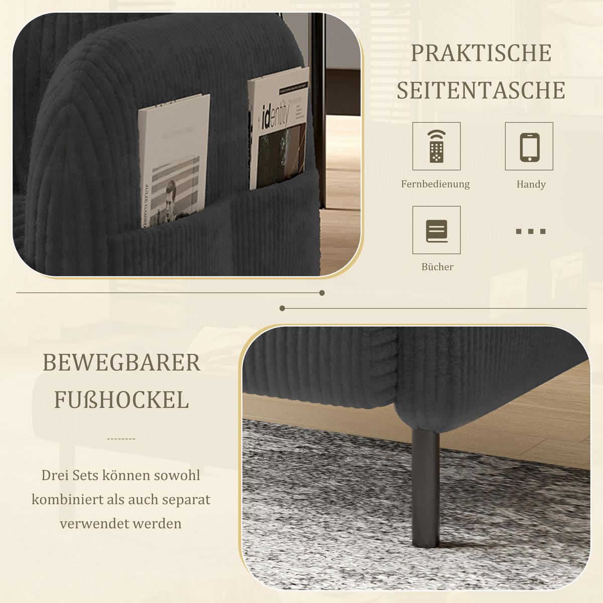 SESSEL Cord Grau mit Seitentasche - Grau, Textil/Metall (67/79/75cm) - WISHDOR