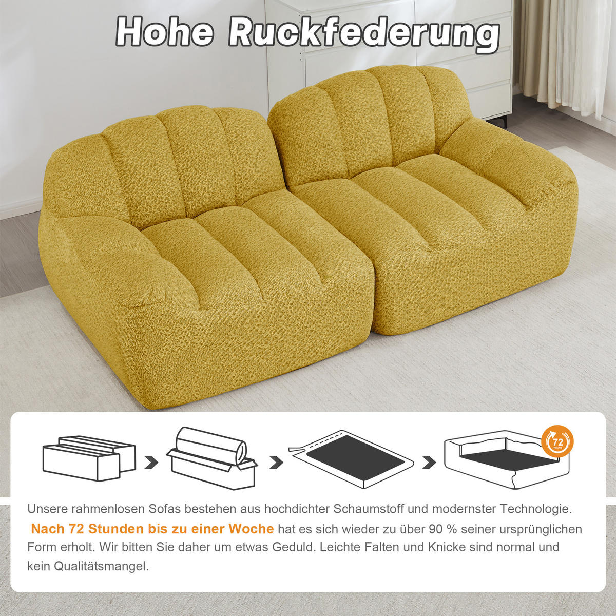 2-SITZER SOFA aus granuliertem Fleece, frameless in Muschelform ohne Montage - Gelb, Textil (210/79/104cm) - Urban Meuble