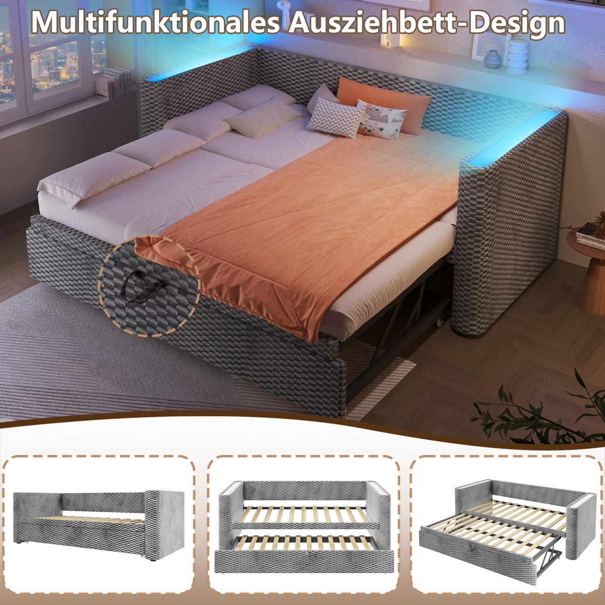 TAGEBETT 90x200cm + 180x200cm Grau Samt LED-Licht Ausziehbett - Grau, Holz (180/200cm) - FLIEKS