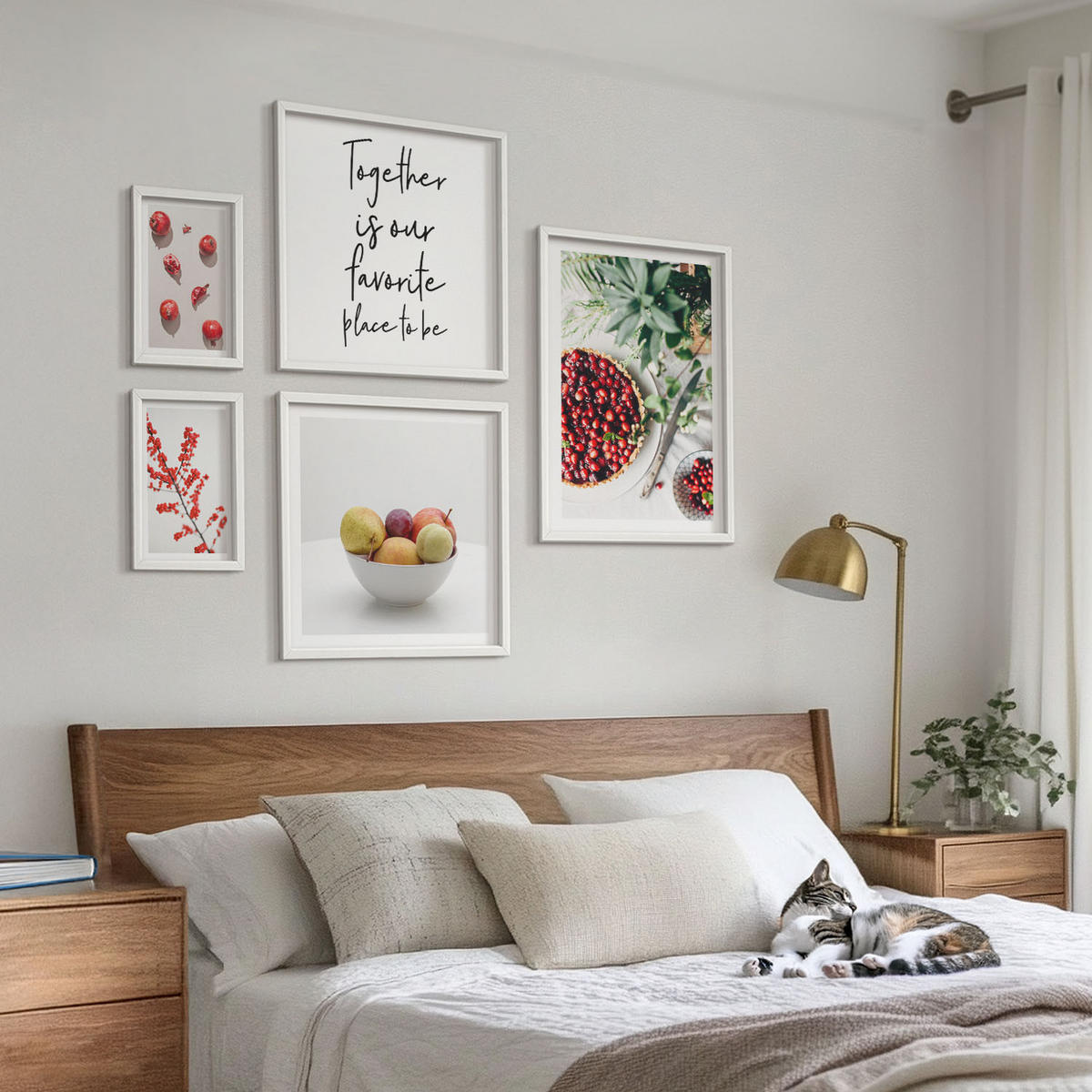 BILDER SET 5er Set - 50x50 cm & 20x30 cm & 40x60 cm Weißer Rahmen - Minimalismus der roten Früchte von Pflanzen - Weiß, Kunststoff (40/60cm) - TULUP