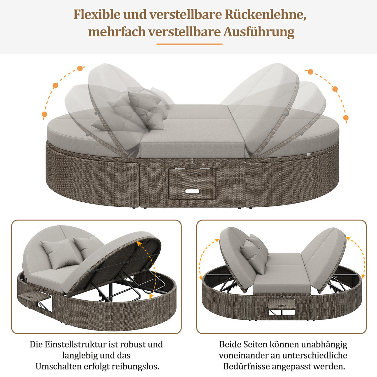 DOPPELLIEGE, 2 Personen, Verstellbar, Rattan, Klapptisch, Grau - Grau, Metall (140.5/41.9/199.9cm) - FLIEKS