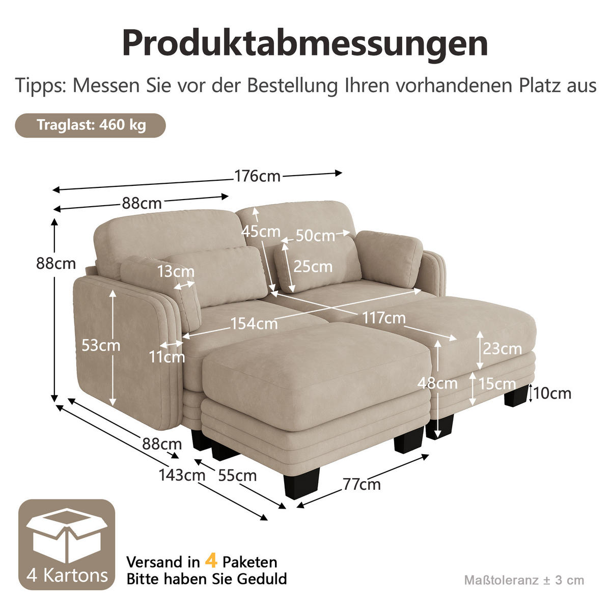 2-SITZER-SOFA mit 2 Ottomanen, DE-42686, Hellbraun - Hellbraun, Holz (176/88/143cm) - ComfortXL