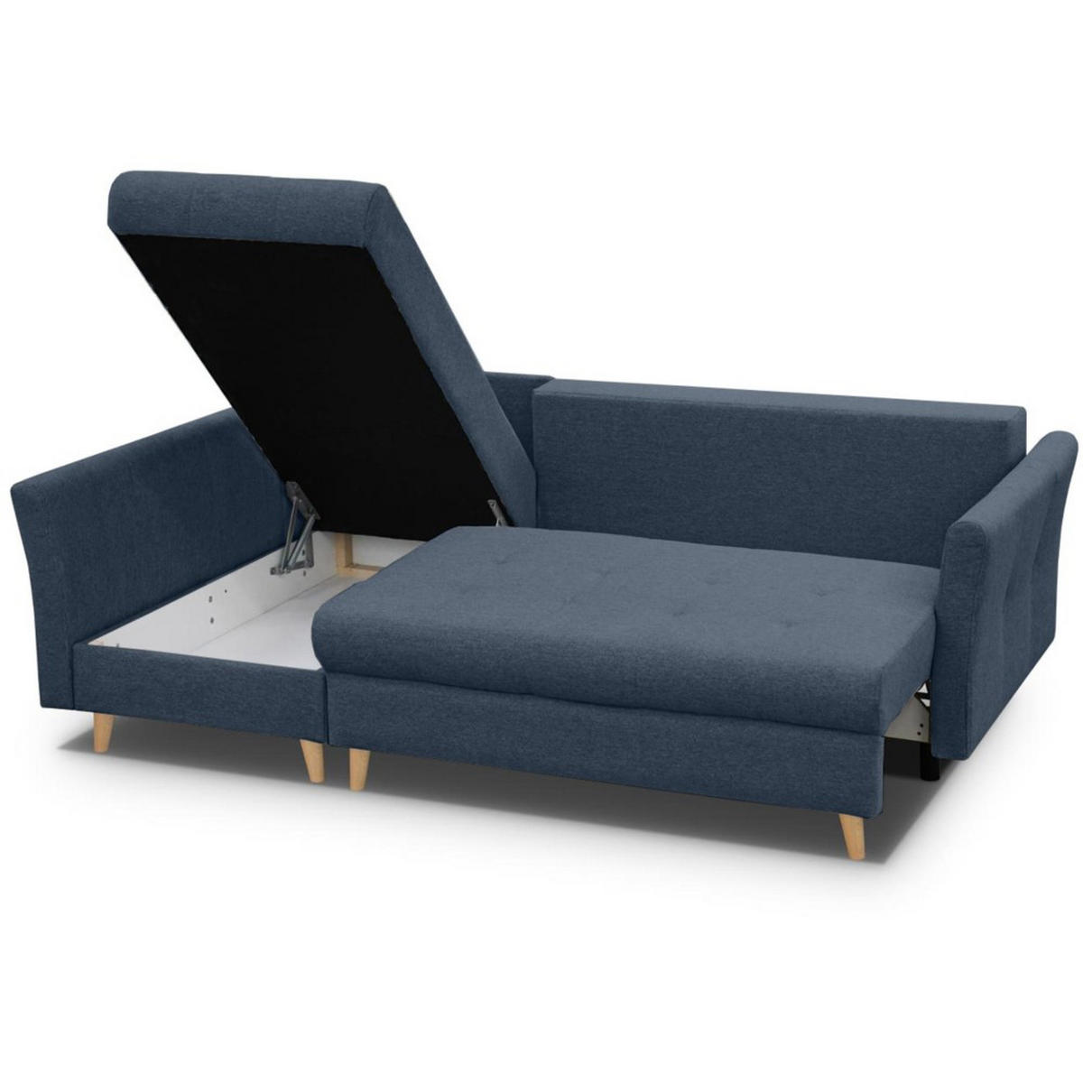 ECKSCHLAFSOFA Neron mit 2 Bettkasten und Beine in Buchefarbe, Dunkelblau, links - Buchefarben/Dunkelblau, Textil (233/148cm) - Beautysofa