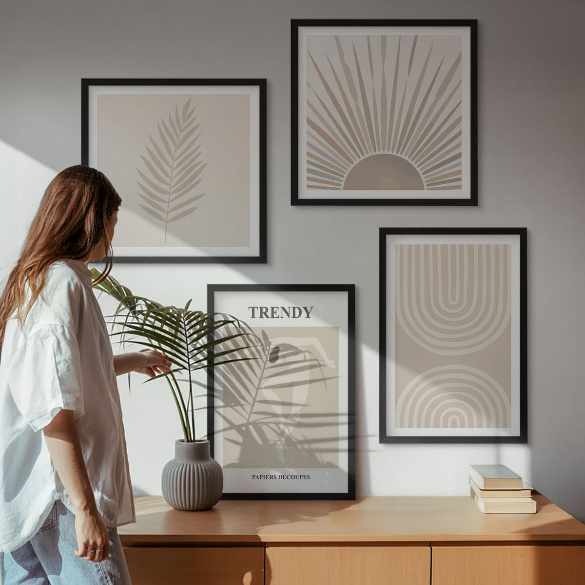 BILDER SET 4er Set - 50x50 cm & 40x60 cm Schwarzer Rahmen - Abstrakte Poster im Boho-Stil in Pastellfarben - Schwarz, Kunststoff (50/50cm) - TULUP