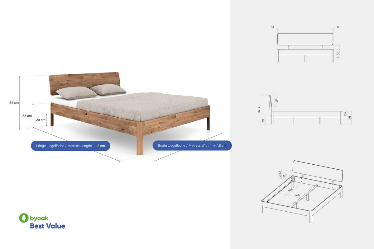 MASSIVHOLZBETT PENNY 200x200 MIT HOLZKOPFTEIL Wildeiche - Wildeiche, Holz (200/200cm) - byoak
