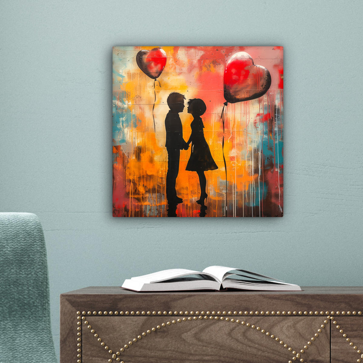 LEINWANDBILD Straßenkunst - Liebe - Graffiti - Kunst - Banksy 20x20 cm - Orange, Textil (20/20cm) - MuchoWow