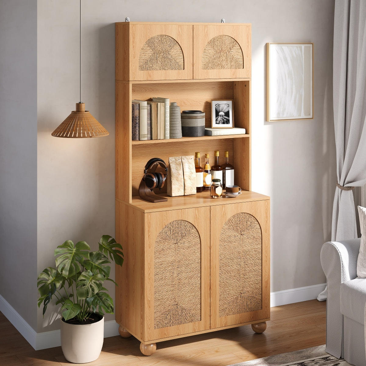 KÜCHENSCHRANK mit Seilgeflecht-Türen, dreigeteilt, Kieferholzfüße, Natur, 80/180/40 cm - Naturfarben, Kunststoff (40/180/80cm) - Rolipo