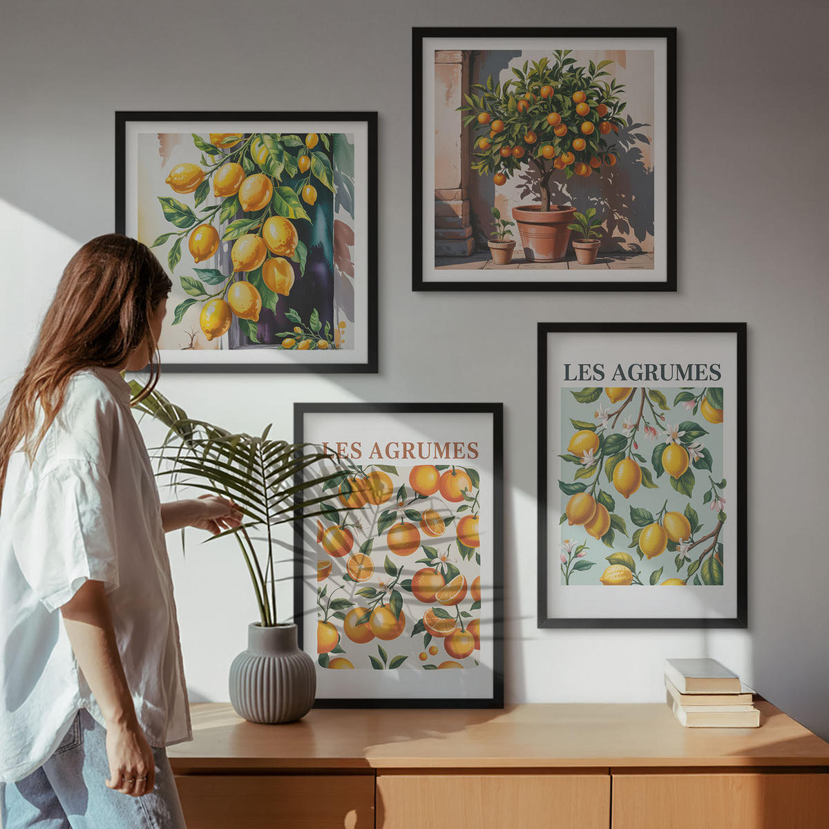 BILDER SET 4er Set - 50x50 cm & 40x60 cm Schwarzer Rahmen - Fruchtige Zitrusmuster - Schwarz, Kunststoff (50/50cm) - TULUP