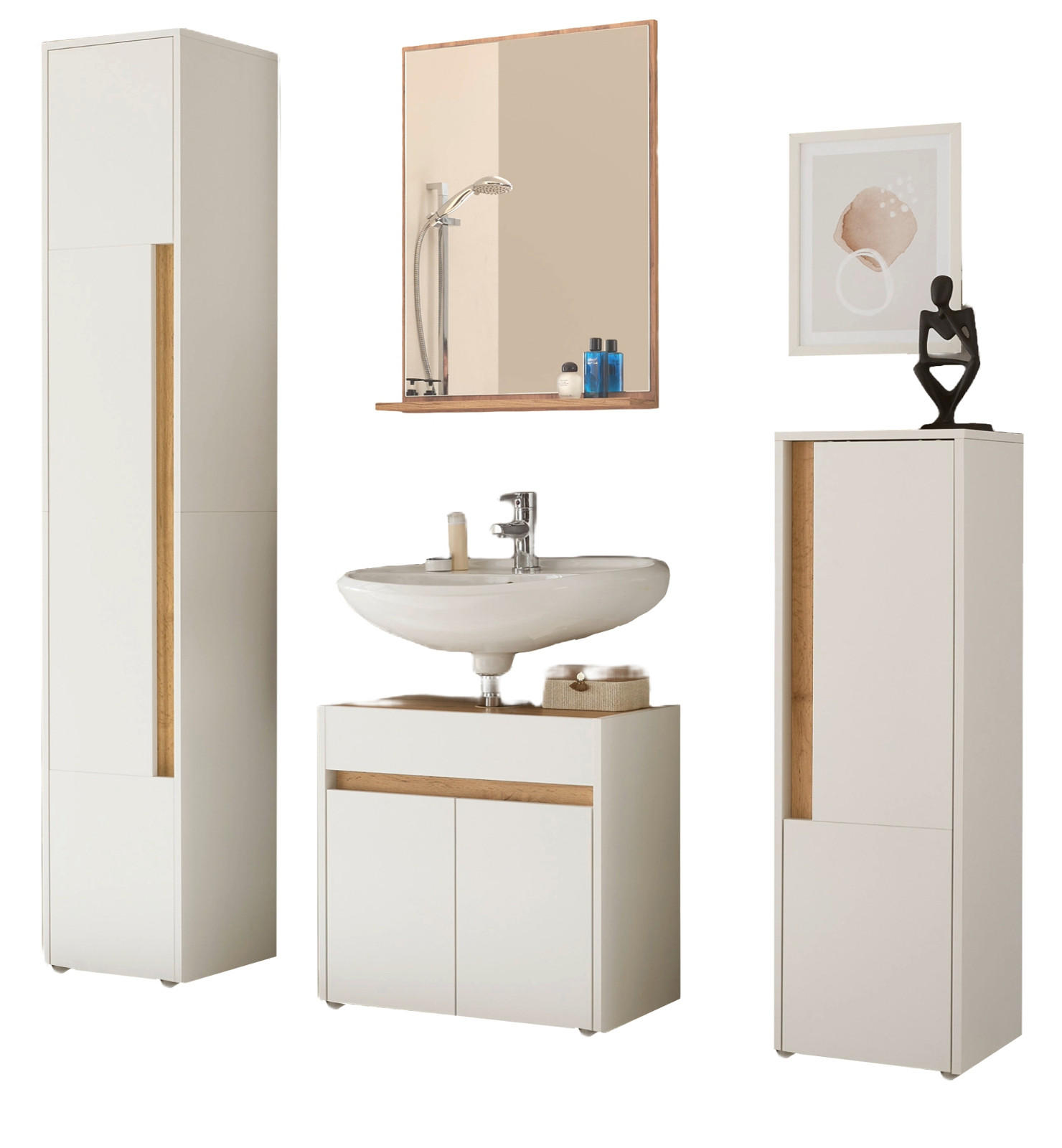 BADMÖBEL-SET 4-teilig weiß, Wotan Eiche, Badkombination 168 cm - Silberfarben/Eiche Wotan, Glas/Holz (171/200/34cm) - Furn.Design