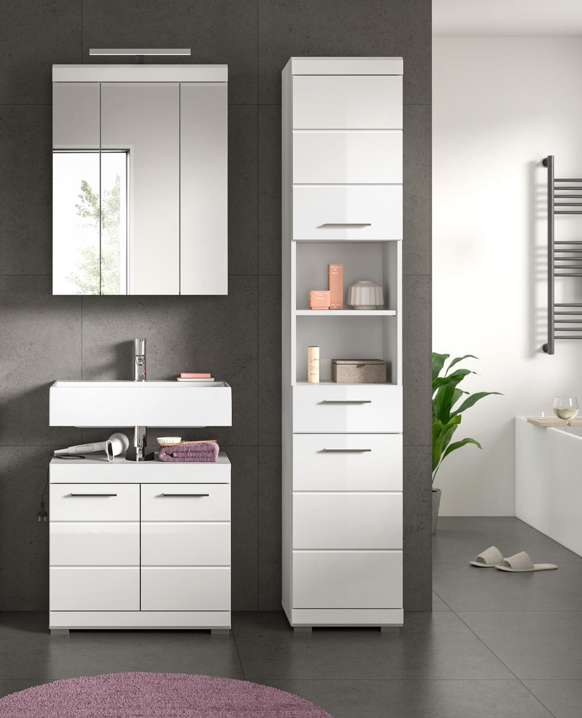 BADMÖBEL-SET weiß Hochglanz 3-teilig 112 cm, Komplettset mit viel Stauraum - Weiß Hochglanz, Glas/Holzwerkstoff (112/191/34cm) - Inn.Furn